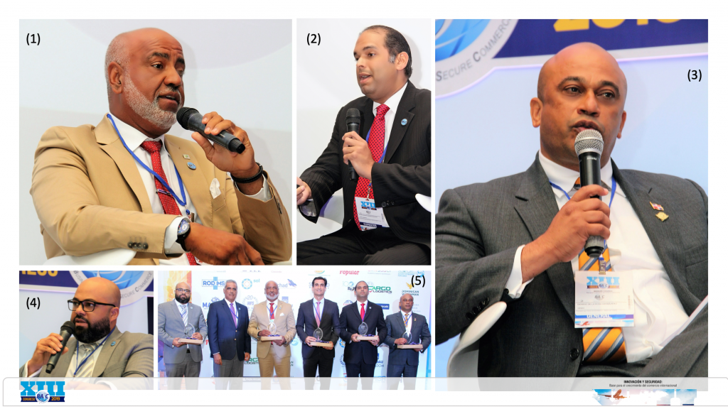 Panel Multimodal – CNB 2019: (1) Alberto Smith – Aerpuerto de Punta Cana; (2) Iovar Medina – Puma Logistics; (3) Cnel. Dionisio de la Rosa – CESAC; (4) Edwin Martínez – Aurora Technologies; (5) Entrega de reconocimiento: Armando Rivas y Alexander Schad